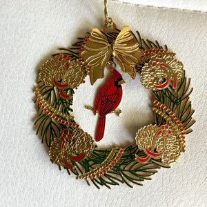 Baldwin Brass 2001 Christmas Wreath Ornament Red Cardinal Gold Bow Enamel